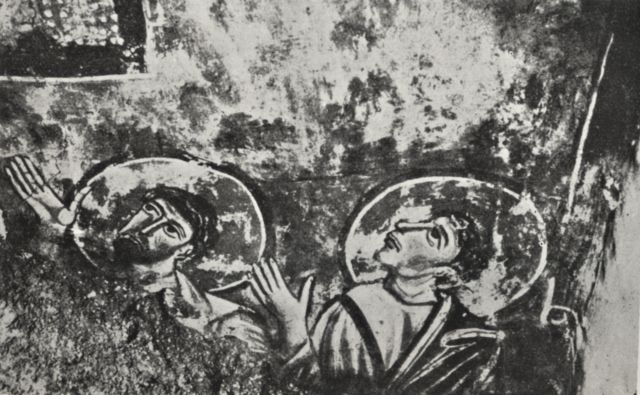Anonimo — Anonimo romano sec. XII - Abbazia di Farfa: Ascensione di Cristo, particolare con due apostoli — particolare
